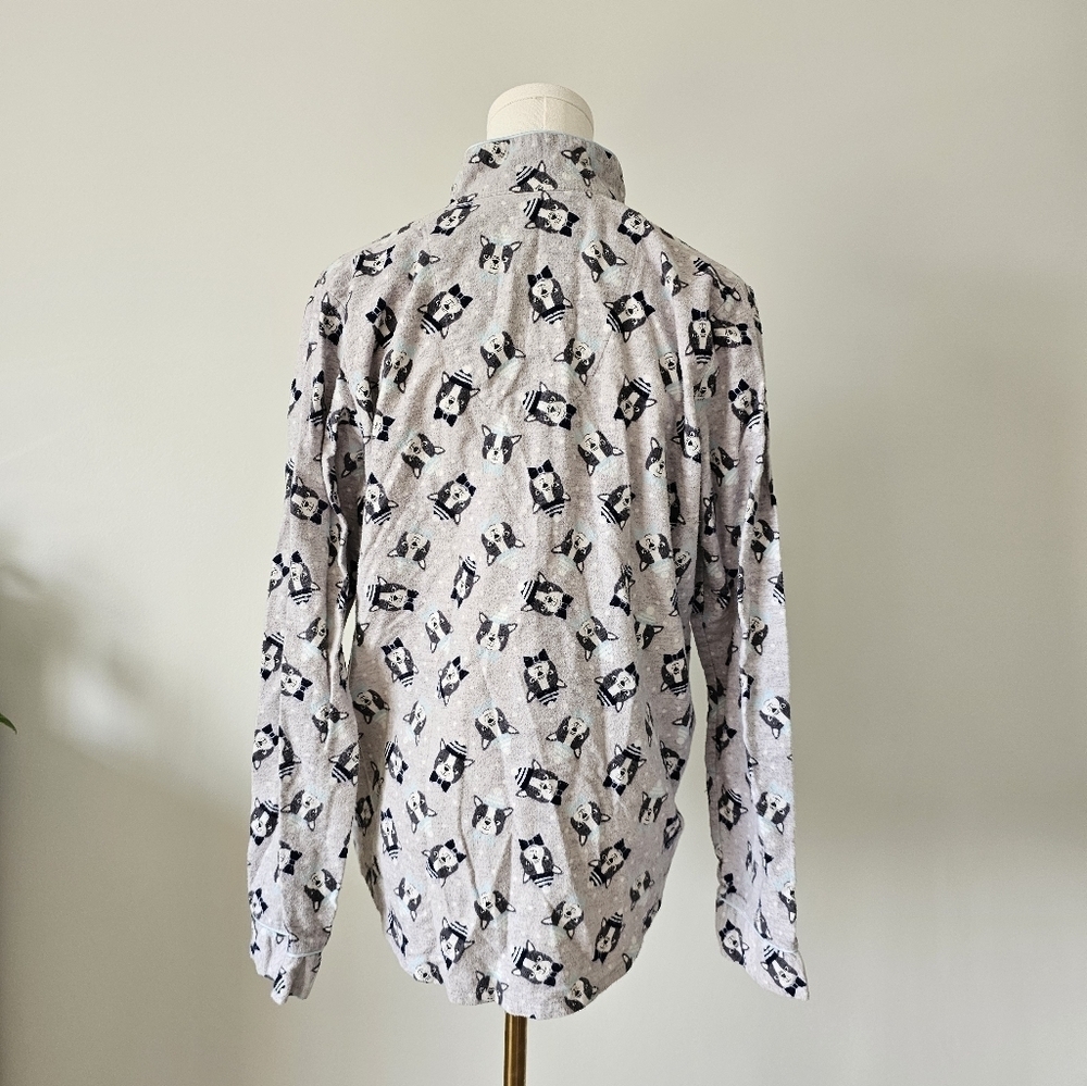 La Vie En Rose M Gray Patterned Button-Up Shirt Sleepwear Dog 100% Cotton - Picture 3 of 6